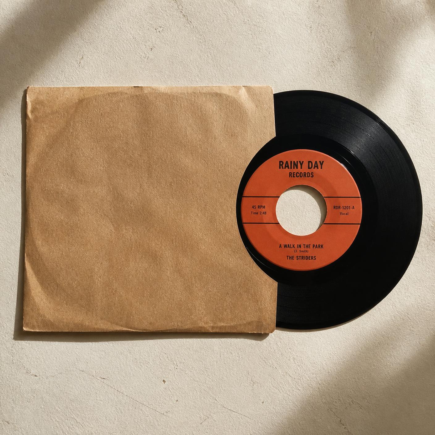 A 7-inch 45 rpm record half out of a kraft paper sleeve